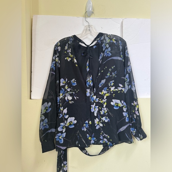 REISS Robbie Floral Printed Blouse Semi Sheer Pleated Keyhole Peplum Tie Flowy - Picture 4 of 16